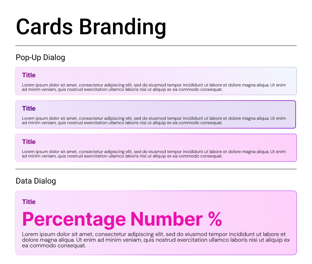 BioSkepsis cards branding: three pop-up dialog cards with pink-to-lilac gradients, and a data dialog card with a large fuchsia percentage figure