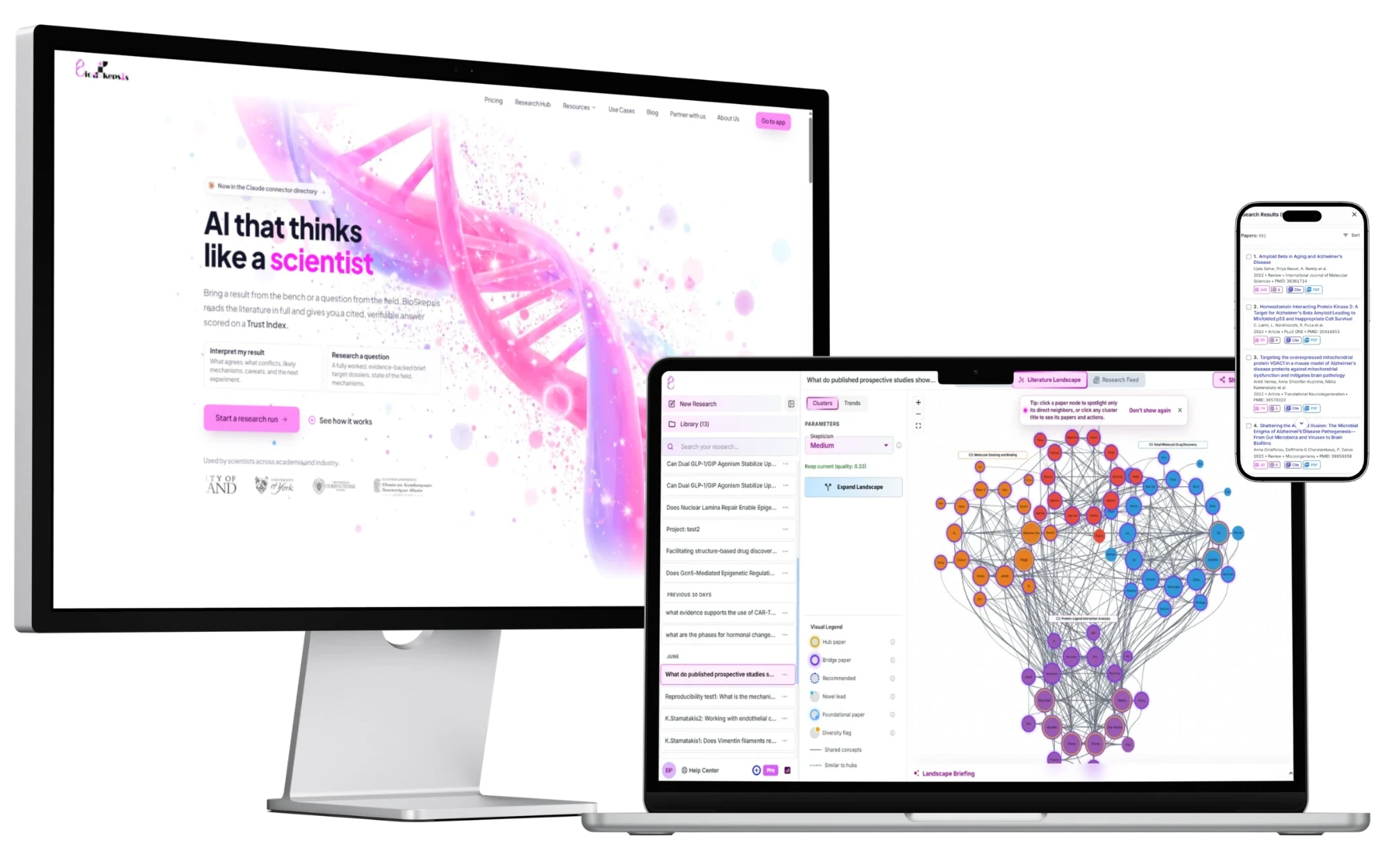BioSkepsis shown on a desktop monitor, a laptop and a phone: the landing page, the literature landscape graph and the search results