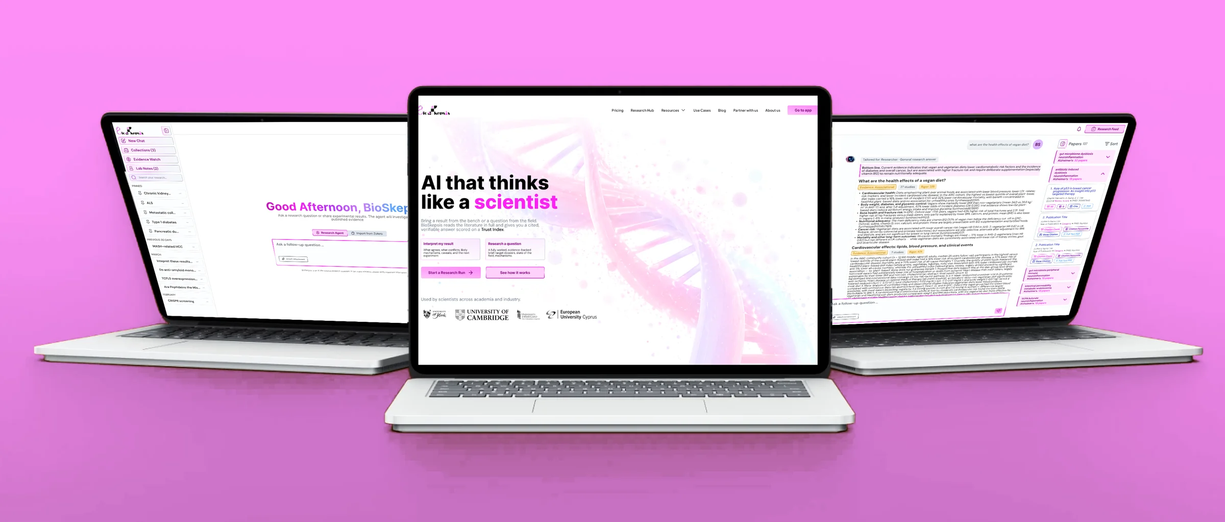 Three laptops showing BioSkepsis: the app home, the landing page and a research answer