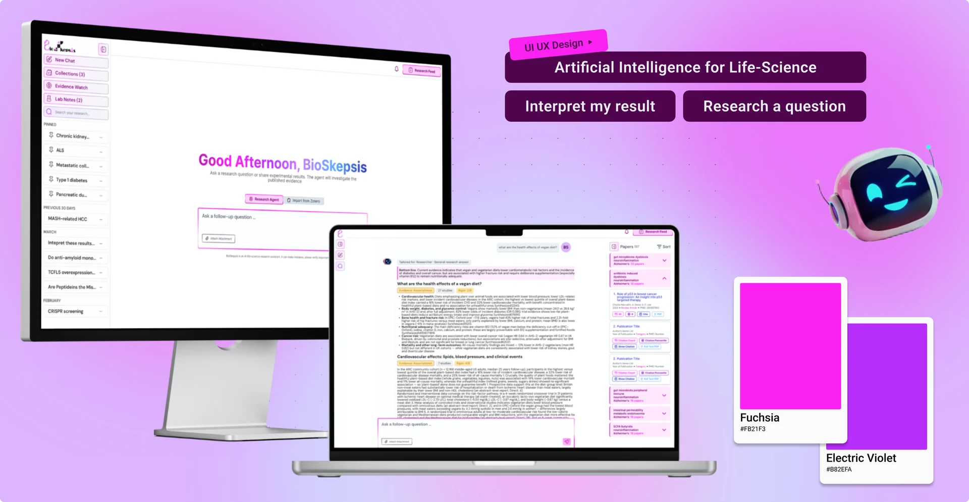 BioSkepsis AI interface shown on a desktop monitor and a laptop, with its fuchsia and electric violet colour swatches