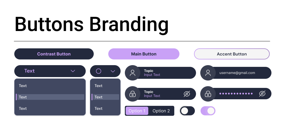 RsrvIn buttons branding: contrast, main and accent buttons, dropdowns, topic and input fields with user and password icons, a segmented control and toggles