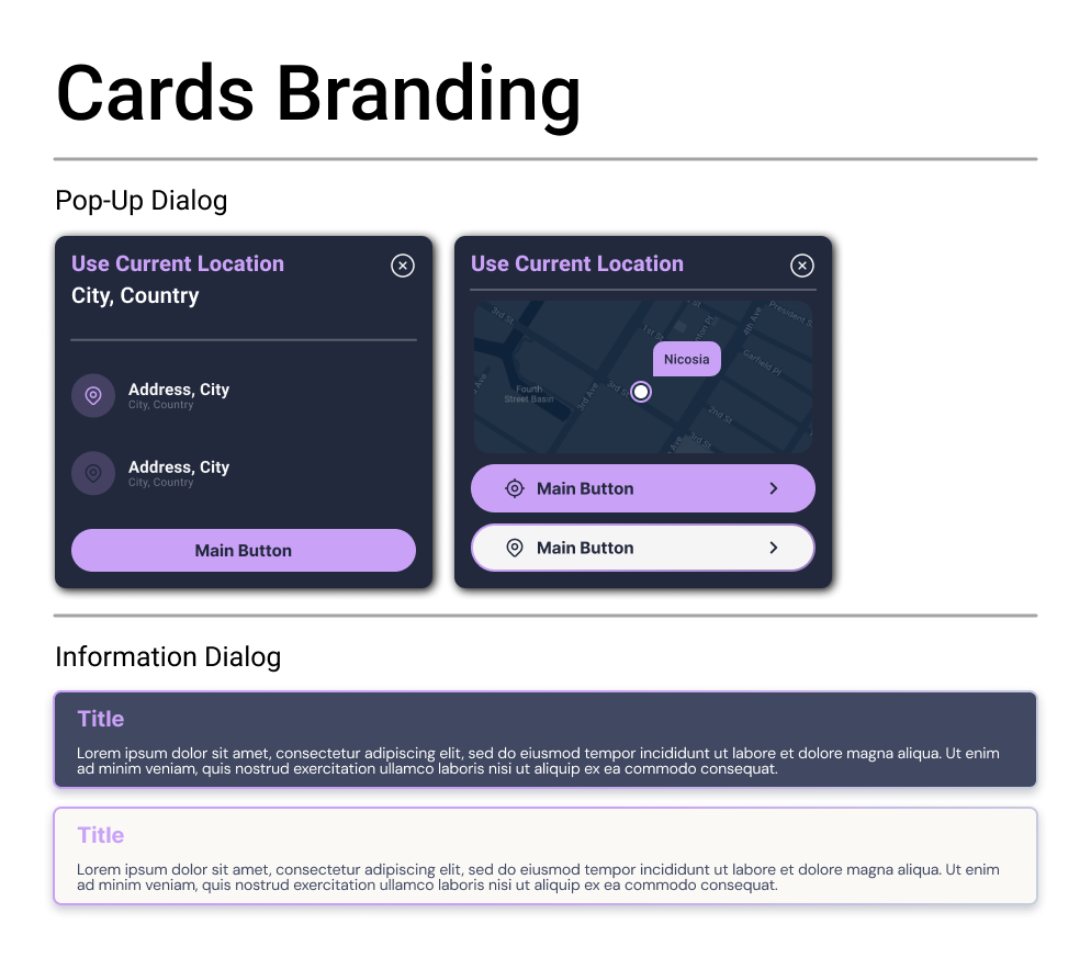 RsrvIn cards branding: two navy pop-up dialogs for choosing a location, one with saved addresses and one with a map pin in Nicosia, and two information dialogs, one dark and one light, with lilac titles