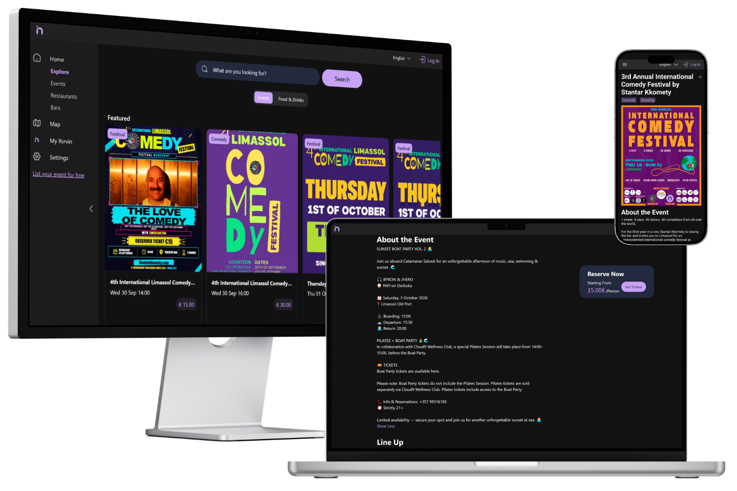 RsrvIn shown on a desktop monitor, a laptop and a phone: the featured events page, an event's details with a Reserve Now panel, and a comedy festival event page