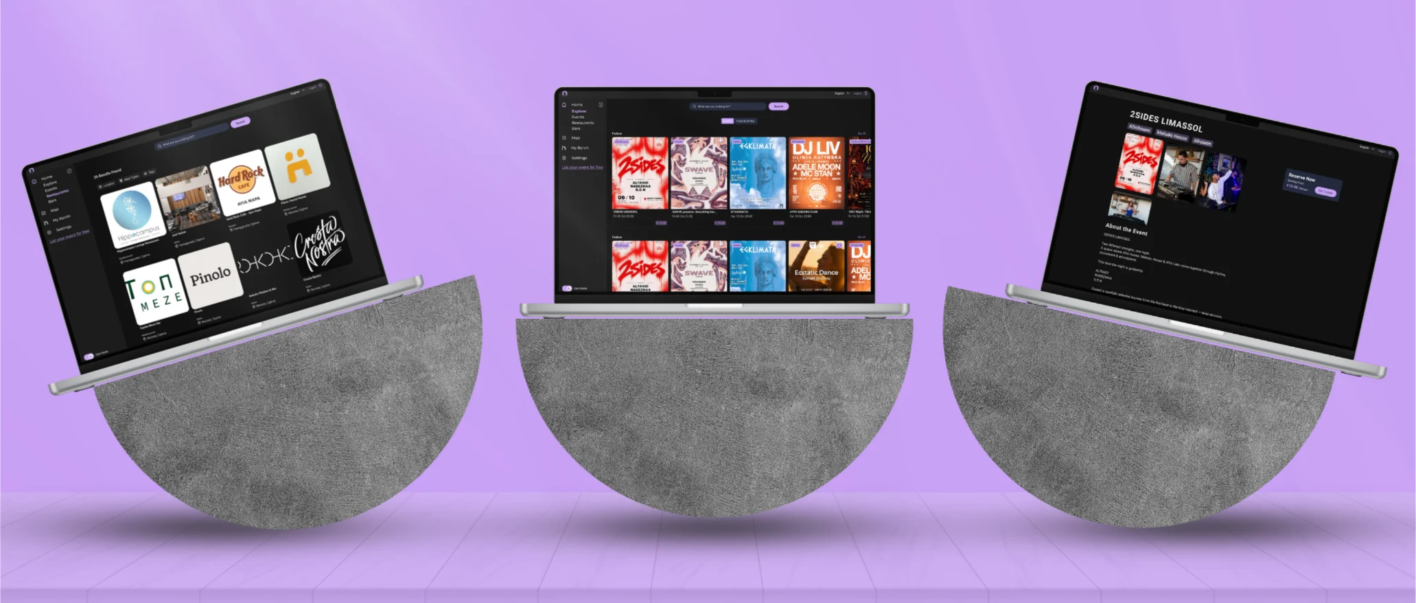 Three laptops resting on half-sphere concrete stands against a lilac backdrop, showing the RsrvIn web app: restaurant and bar results, the Explore page of event posters, and the 2SIDES Limassol event page with a Reserve Now card