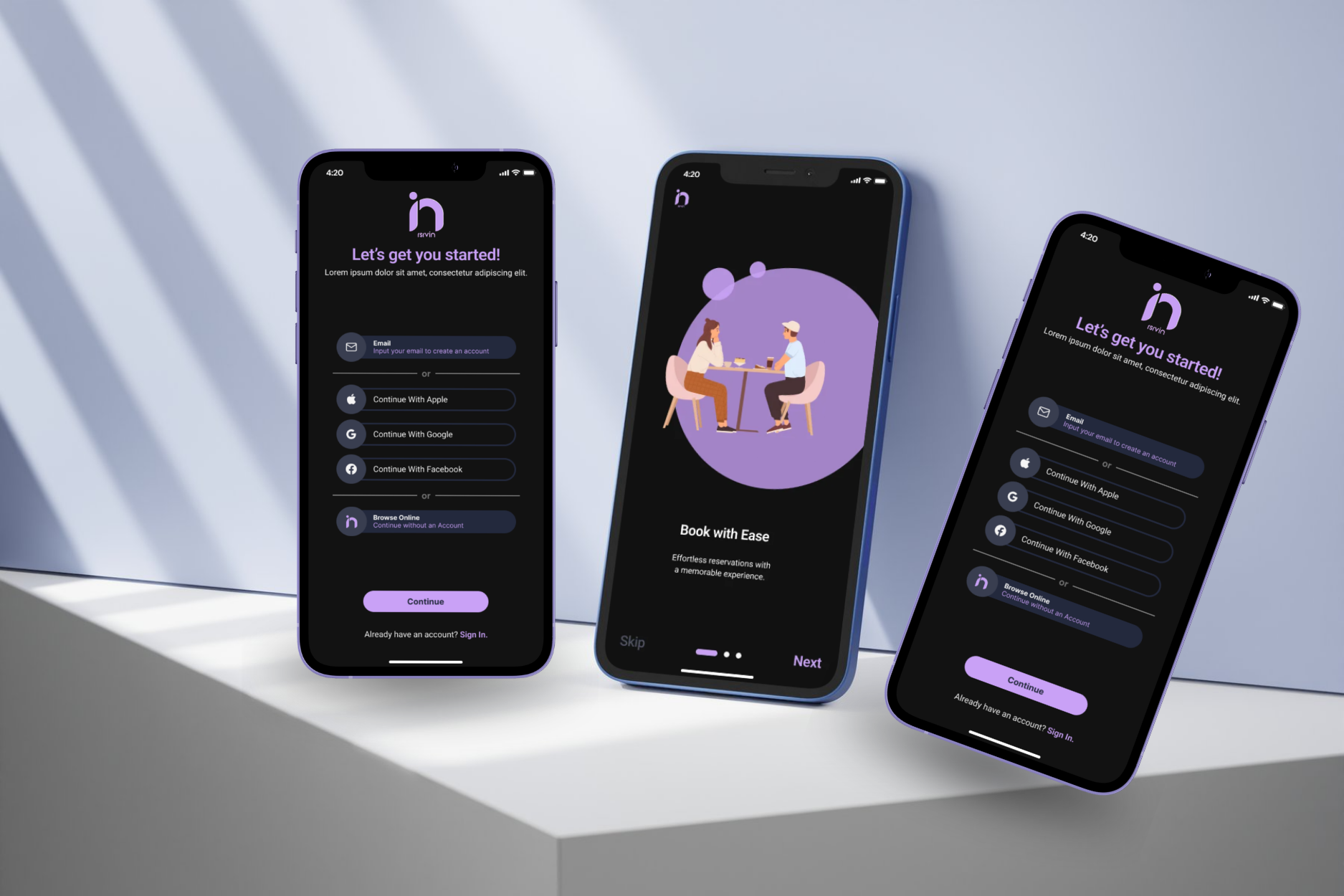 Three iPhones on a white ledge showing the RsrvIn app in dark mode: the Let’s get you started sign-up screen with email, Apple, Google and Facebook options, and the Book with Ease onboarding screen with an illustration of two people at a café table