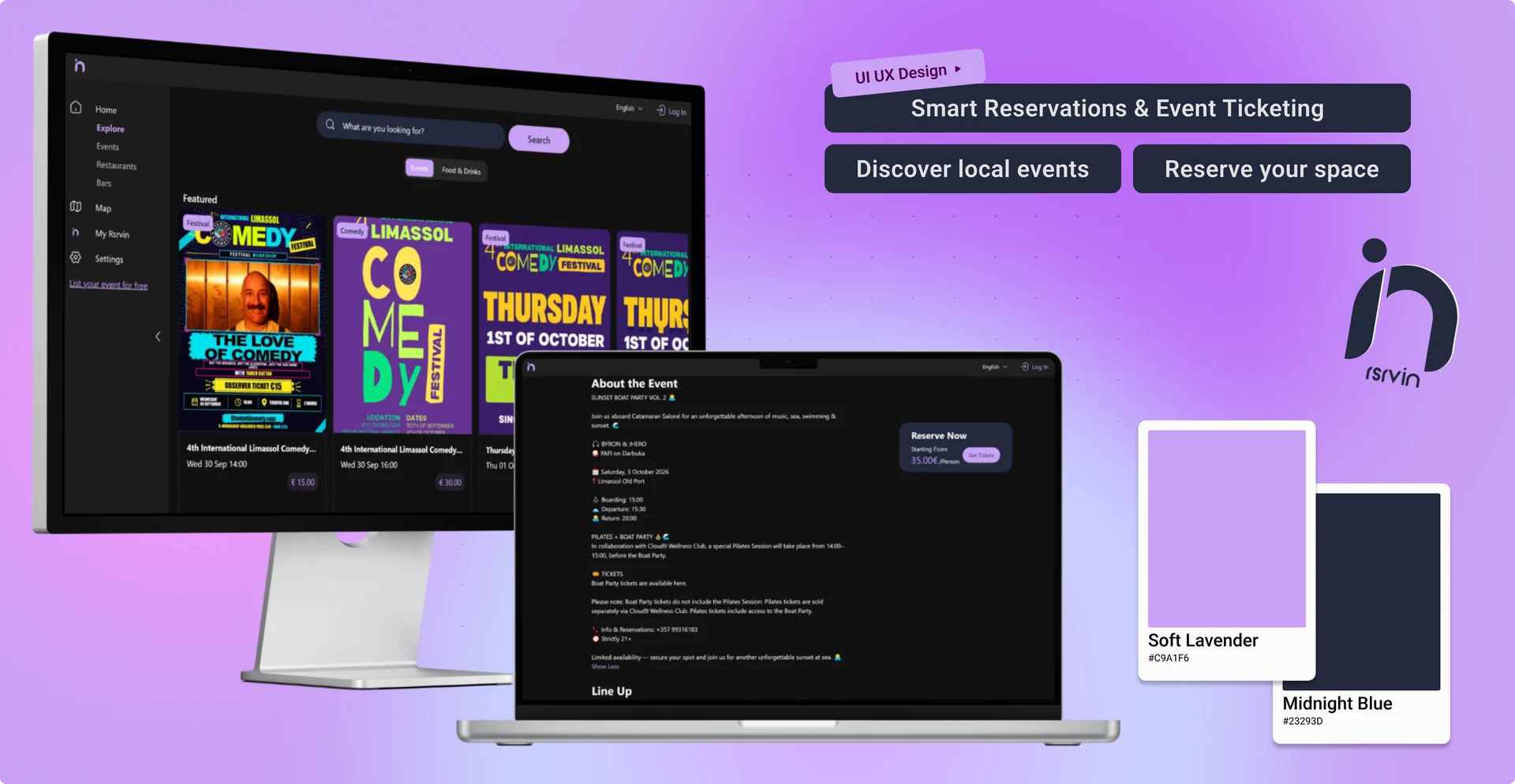 RsrvIn event discovery and booking screens on a desktop monitor and a laptop, with its soft lavender and midnight blue colour swatches
