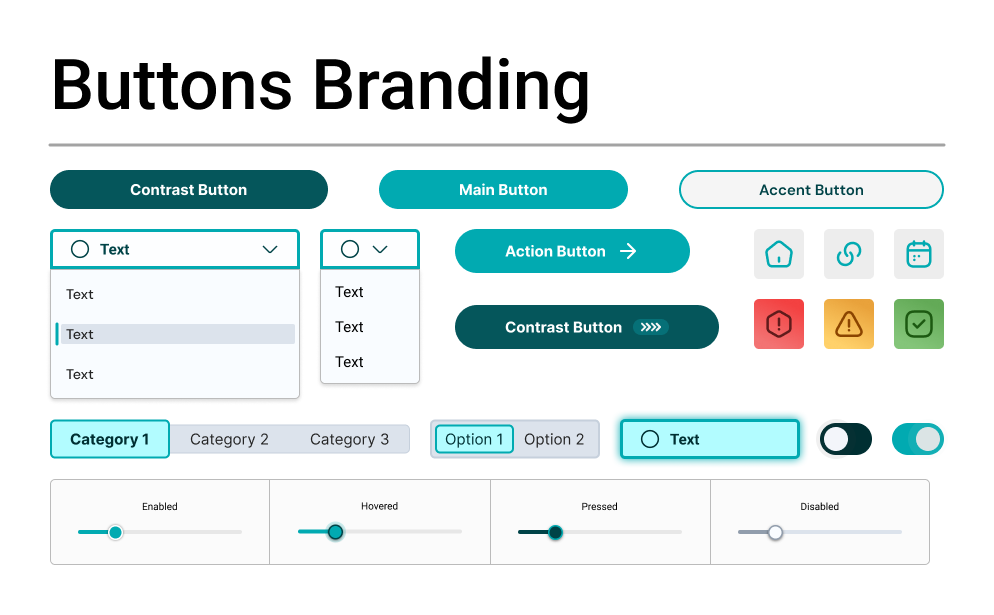 VITALE buttons branding: contrast, main, accent and action buttons, dropdowns, icon buttons including error, warning and success states, category tabs, a segmented control, a highlighted input, toggles and slider states