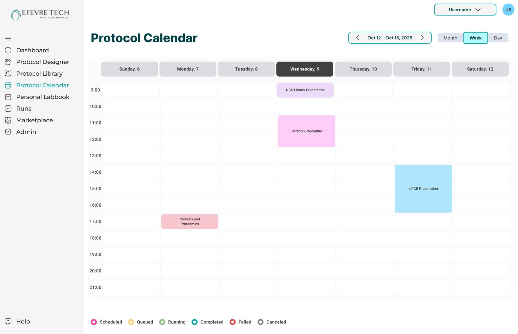 VITALE Protocol Calendar in week view, with colour-coded runs for NGS Library Preparation, Titration Procedure, qPCR Preparation and Proteins and Proteomics, Month, Week and Day toggles, and a status legend for scheduled, queued, running, completed, failed and canceled runs