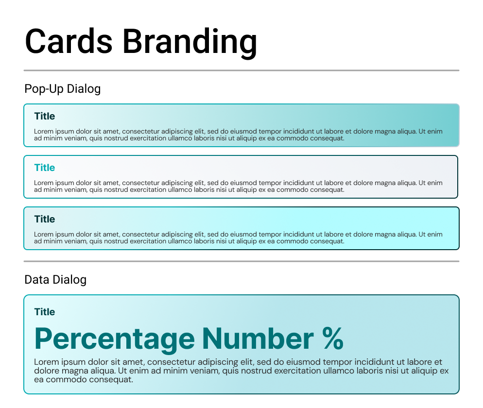 VITALE cards branding: three pop-up dialog cards with teal and aqua gradients, and a data dialog card with a large teal percentage figure