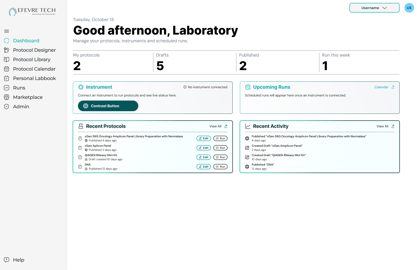 VITALE Dashboard greeting Good afternoon, Laboratory, with counts for my protocols, drafts, published and runs this week, an Instrument card showing no instrument connected, an Upcoming Runs card linking to the calendar, a Recent Protocols list with Edit and Run buttons, and a Recent Activity feed of published and drafted protocols