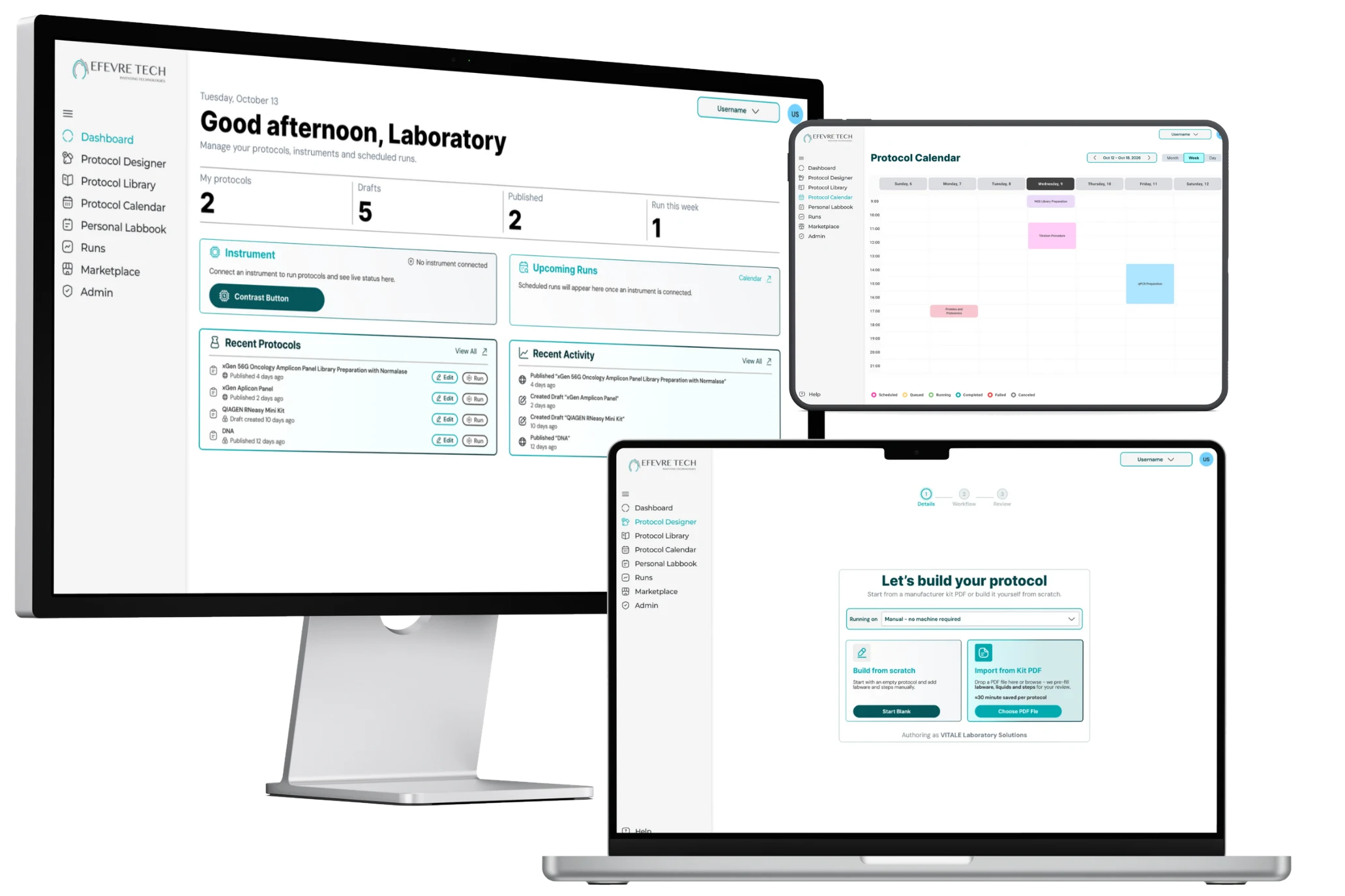 VITALE shown on a desktop monitor, a tablet and a laptop: the Dashboard, the Protocol Calendar week view and the Protocol Designer