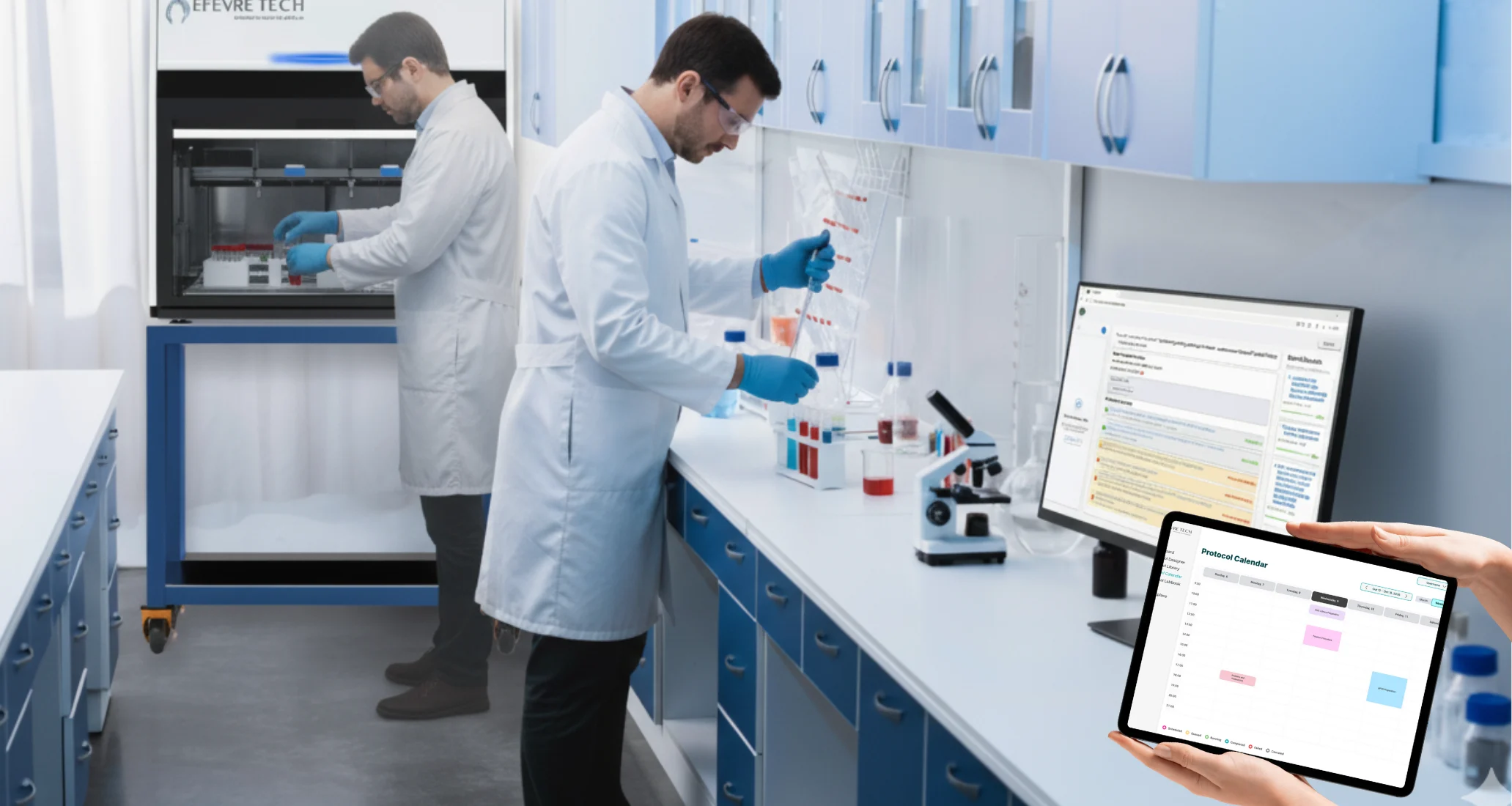 Two scientists at work in a laboratory beside the EFEVRE TECH AMGEL robot, with VITALE open on a desktop monitor and a tablet showing the Protocol Calendar