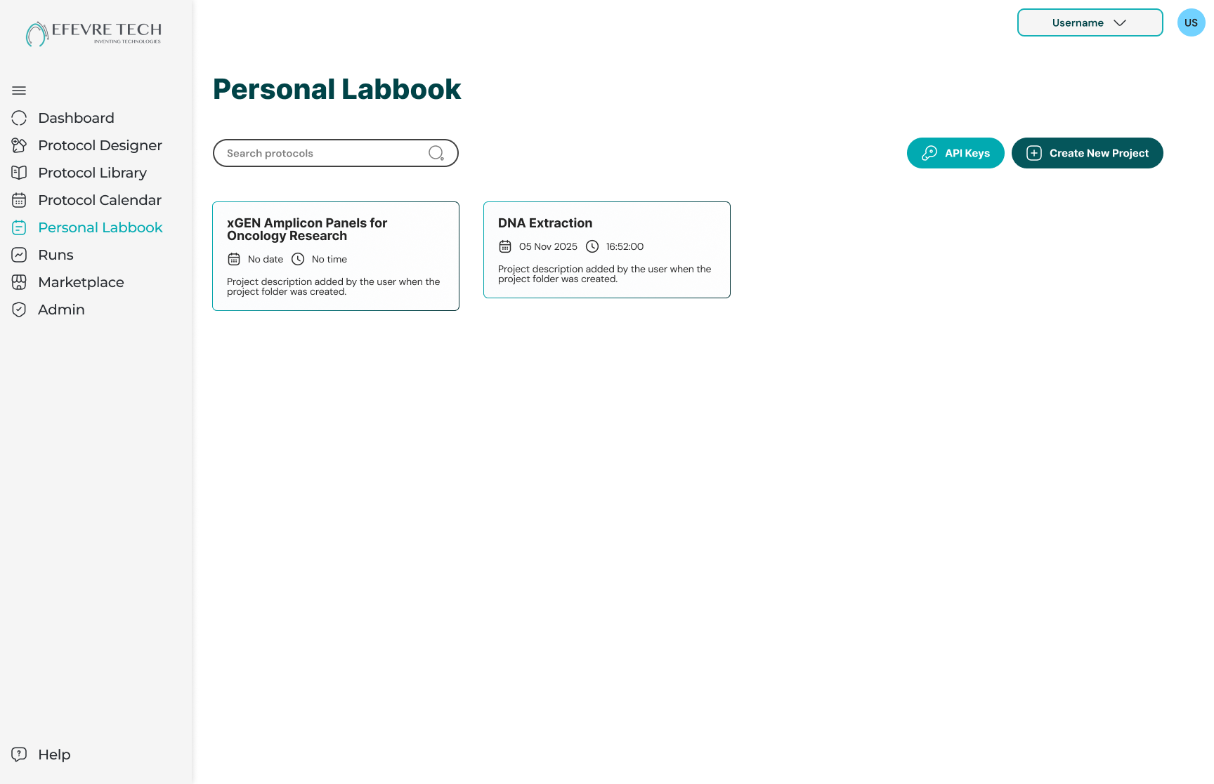 VITALE Personal Labbook with a search field, API Keys and Create New Project buttons, and project cards for xGEN Amplicon Panels for Oncology Research and DNA Extraction, each with a date, time and description
