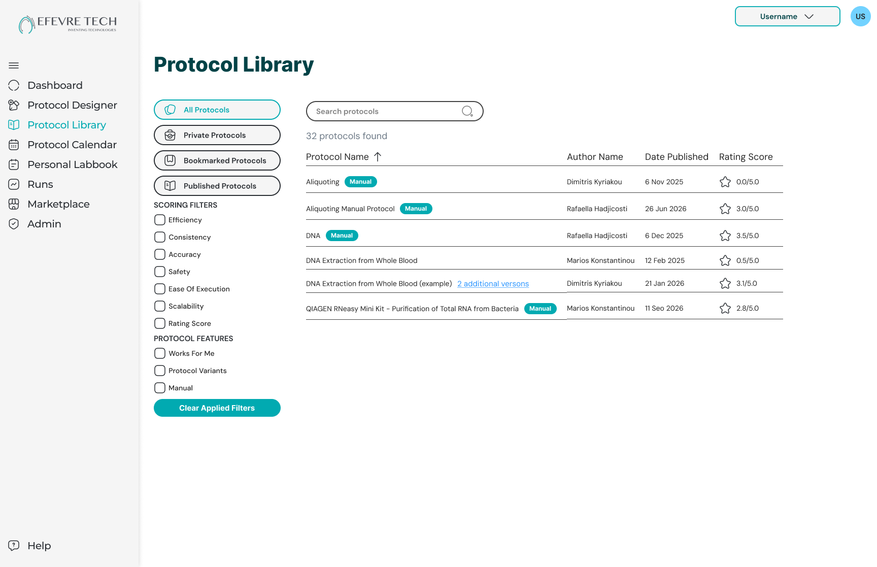 VITALE Protocol Library: filter buttons for all, private, bookmarked and published protocols, scoring filters and protocol feature checkboxes, a search field, and a table of 32 protocols with protocol name, Manual tags, author, date published and star rating score