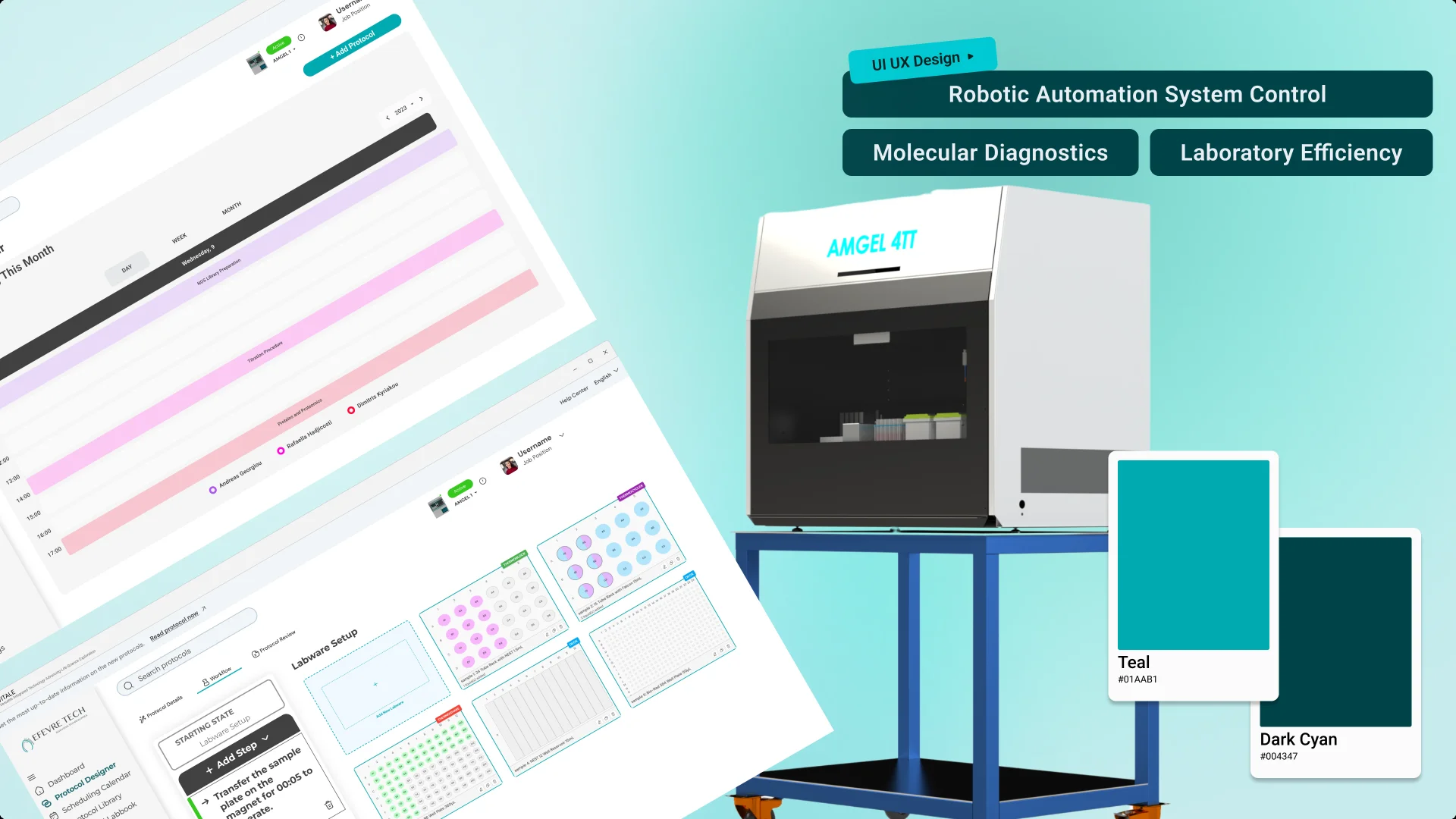 VITALE laboratory automation software screens, the Scheduling Calendar and the Protocol Designer's labware setup, beside the AMGEL 4TT laboratory robot, with Teal and Dark Cyan colour swatches and tags for robotic automation system control, molecular diagnostics and laboratory efficiency